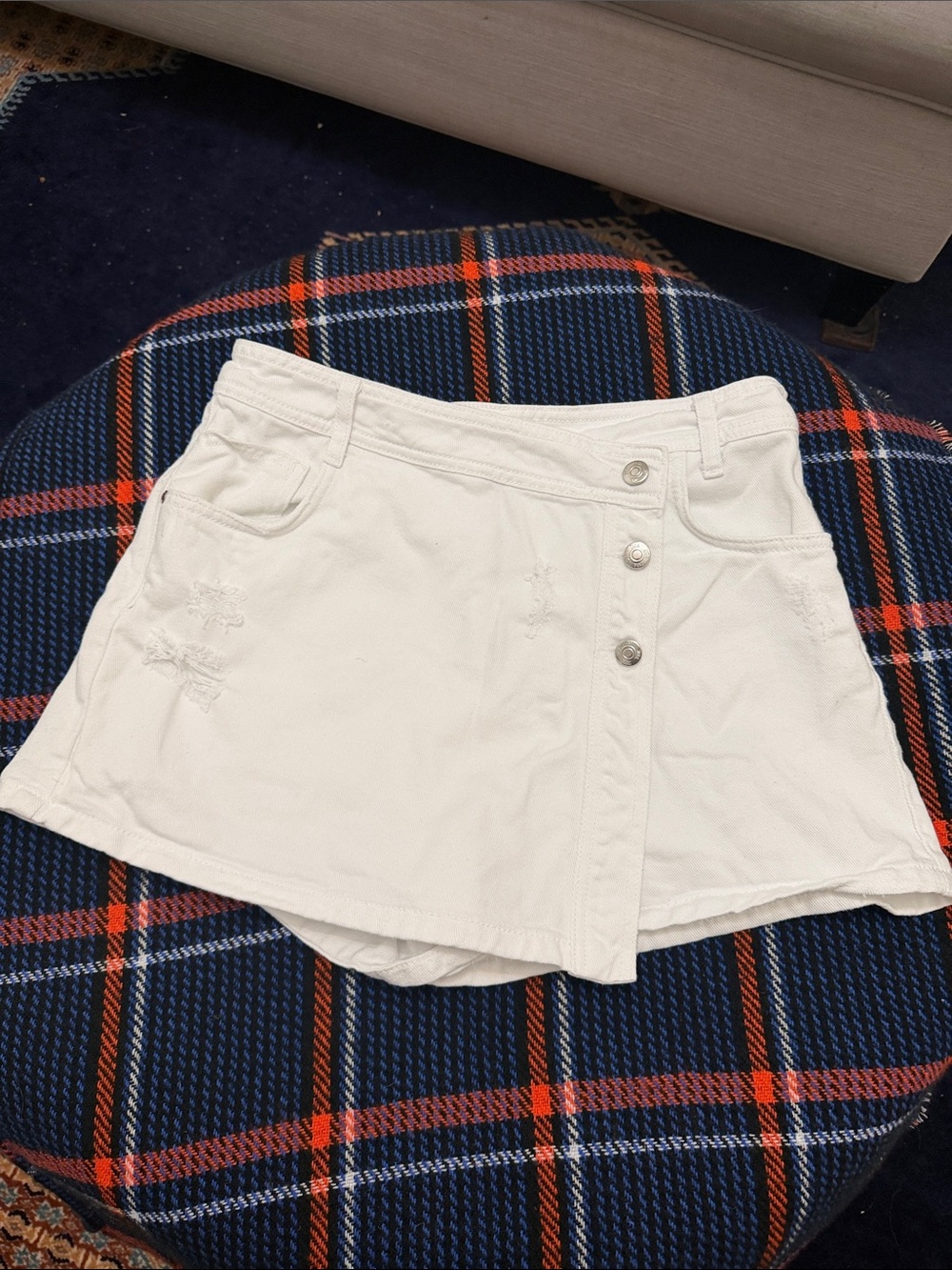Zara White Button-Front Denim Skort with Subtle Distress